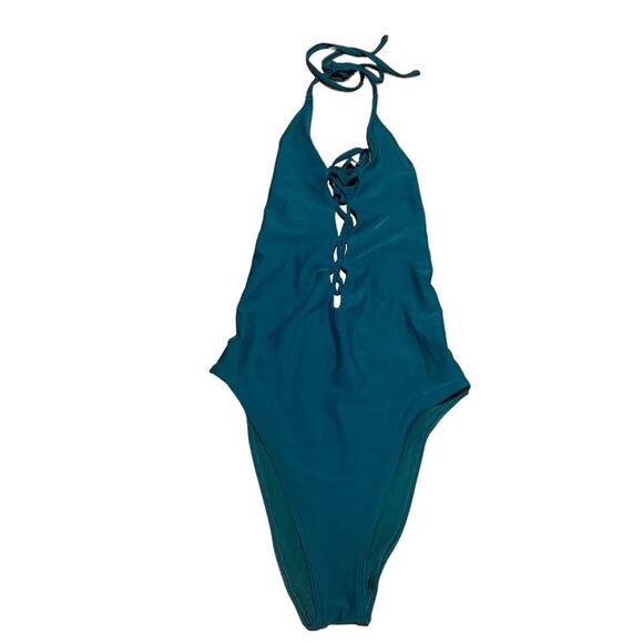 Aerie One Piece Lace up Halter Swimsuit Vacation Summer Green Size Small - Picture 3 of 5
